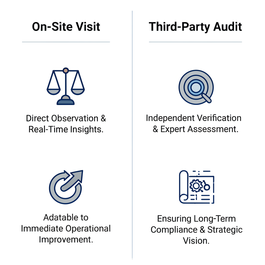 a comparison table infographic detailing the core differences between on site visits and third party audits