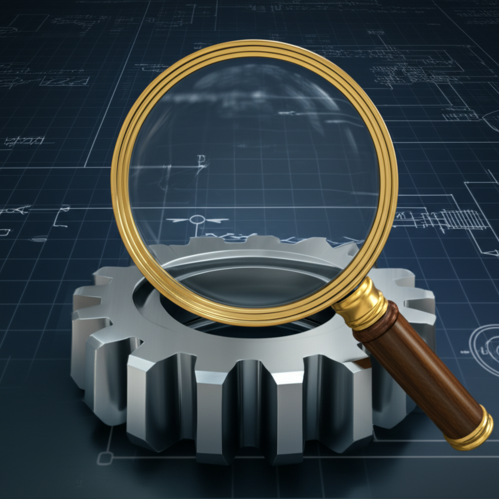 a conceptual graphic representing the detailed inspection and quality assurance of a production sample