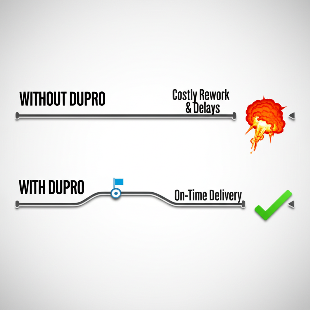 a diagram illustrating how dupro prevents costly rework and ensures on time delivery
