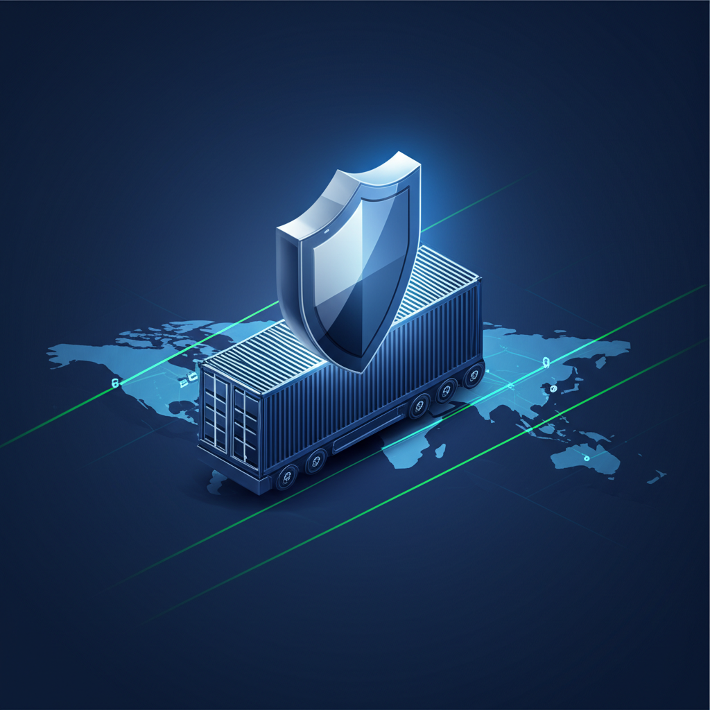 a shield protecting a shipping container symbolizing supply chain security