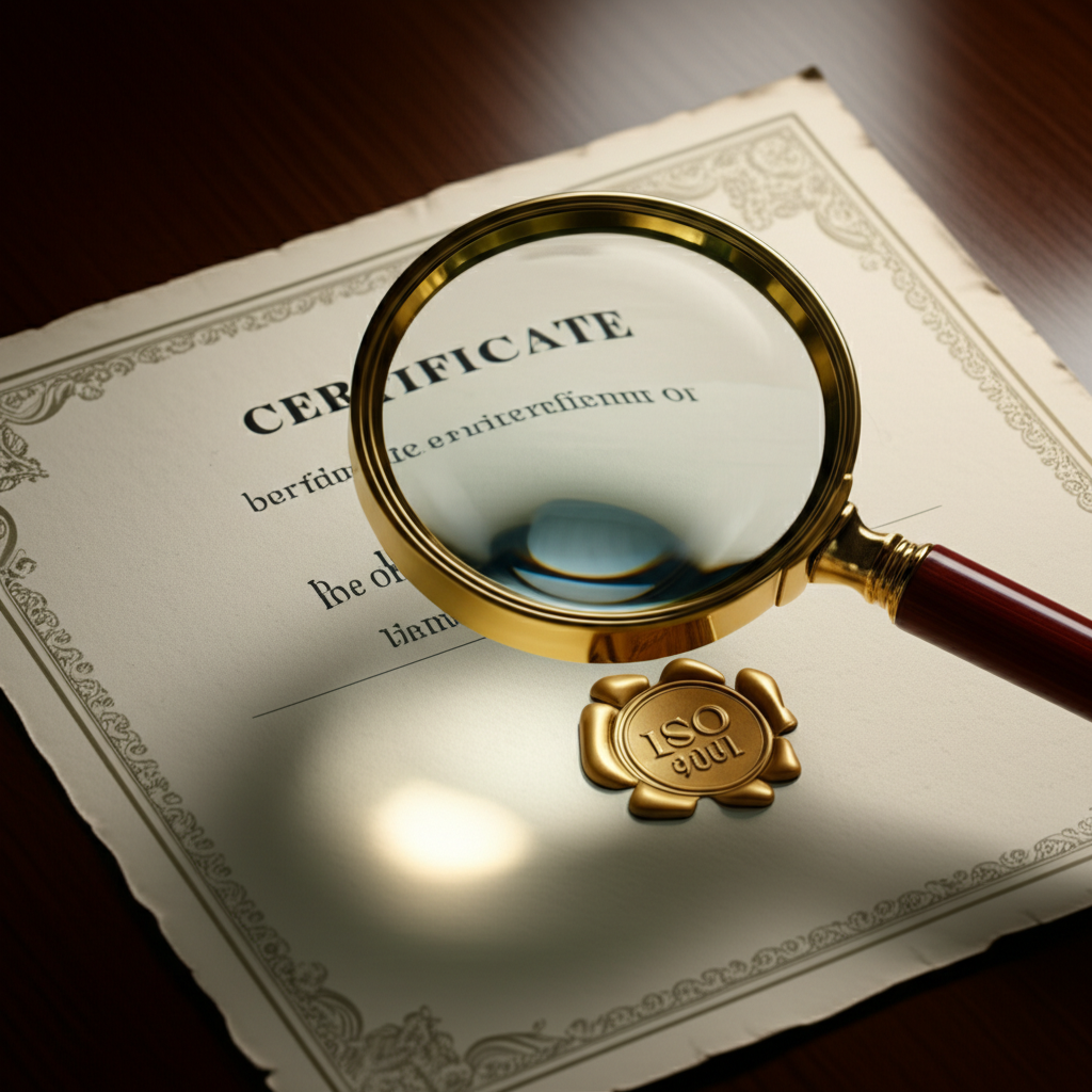 a visual metaphor for the careful verification of an iso 9001 supplier certificate