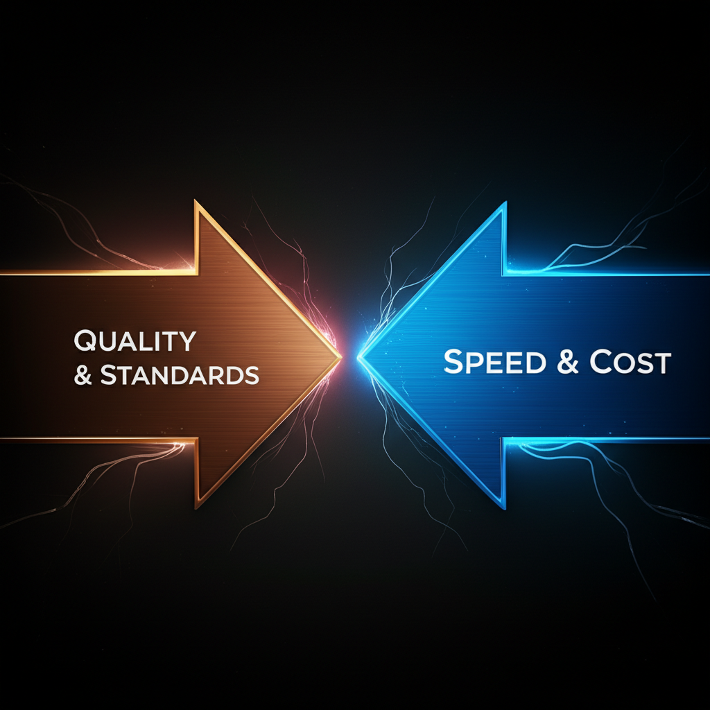 a visual metaphor for the conflict between production speed and quality control standards