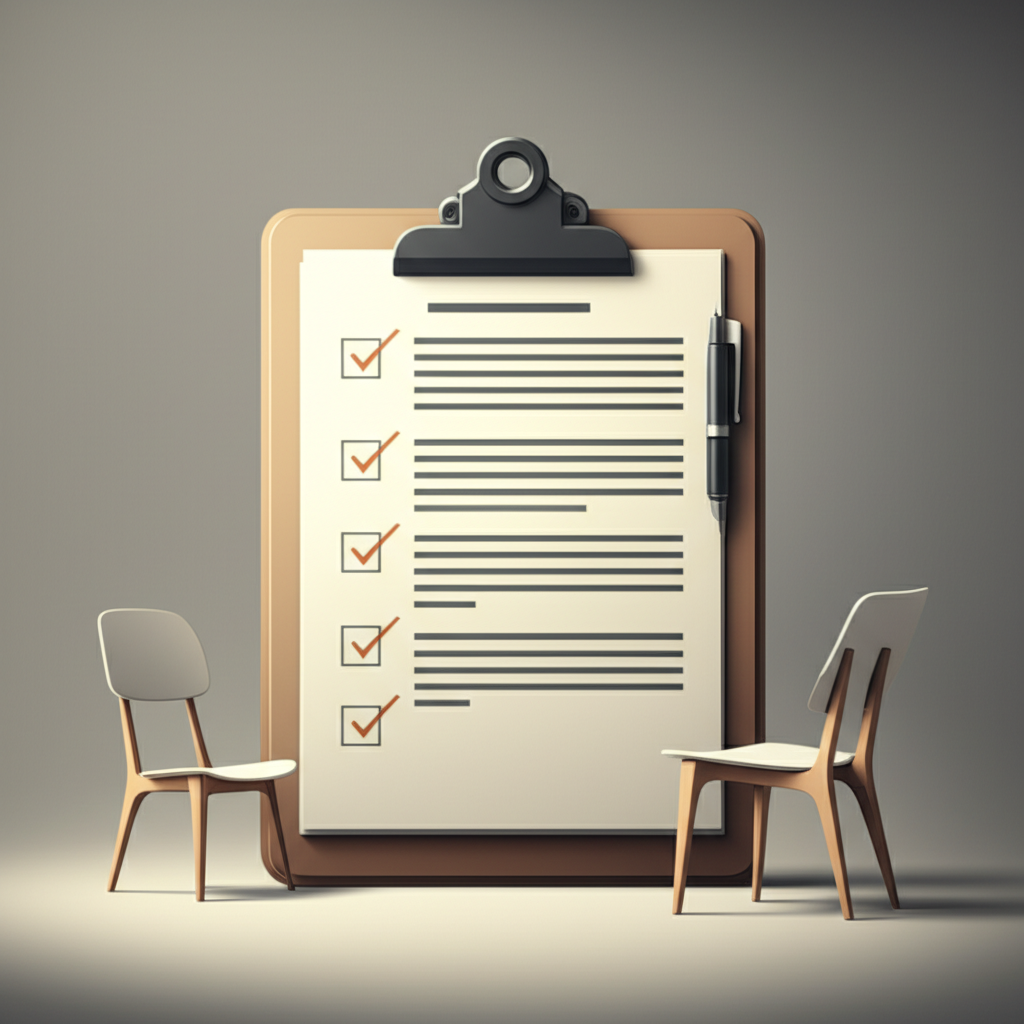a visual metaphor for using a checklist to systematically inspect furniture quality