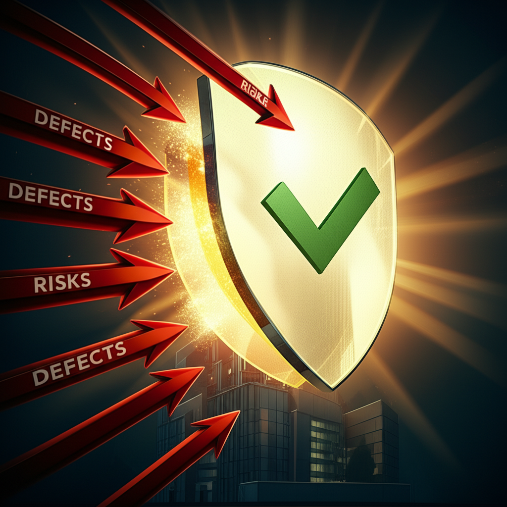 a visual metaphor showing quality control as a shield that protects a brands reputation from risks