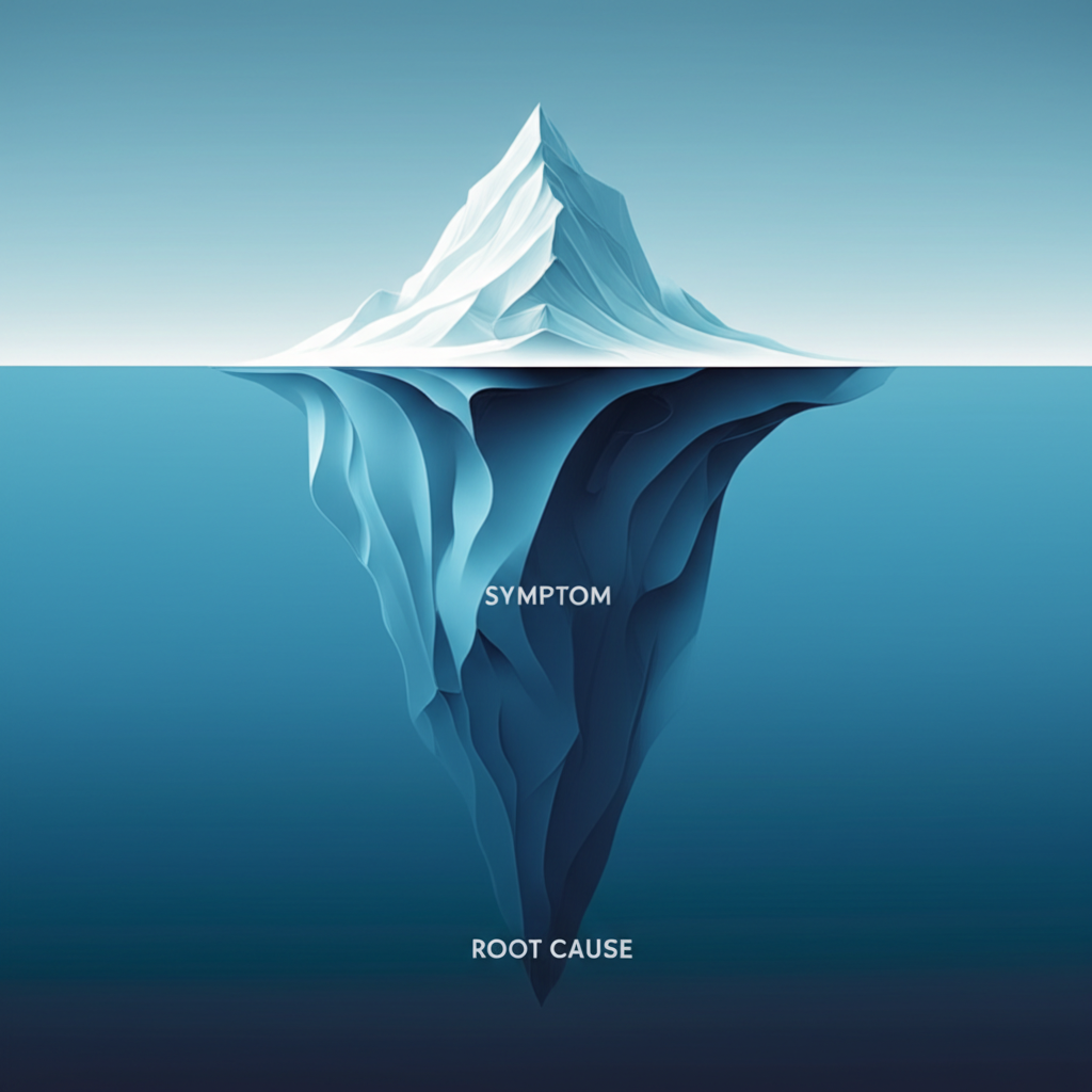 an iceberg illustration showing the visible symptom of a problem versus the hidden larger root cause