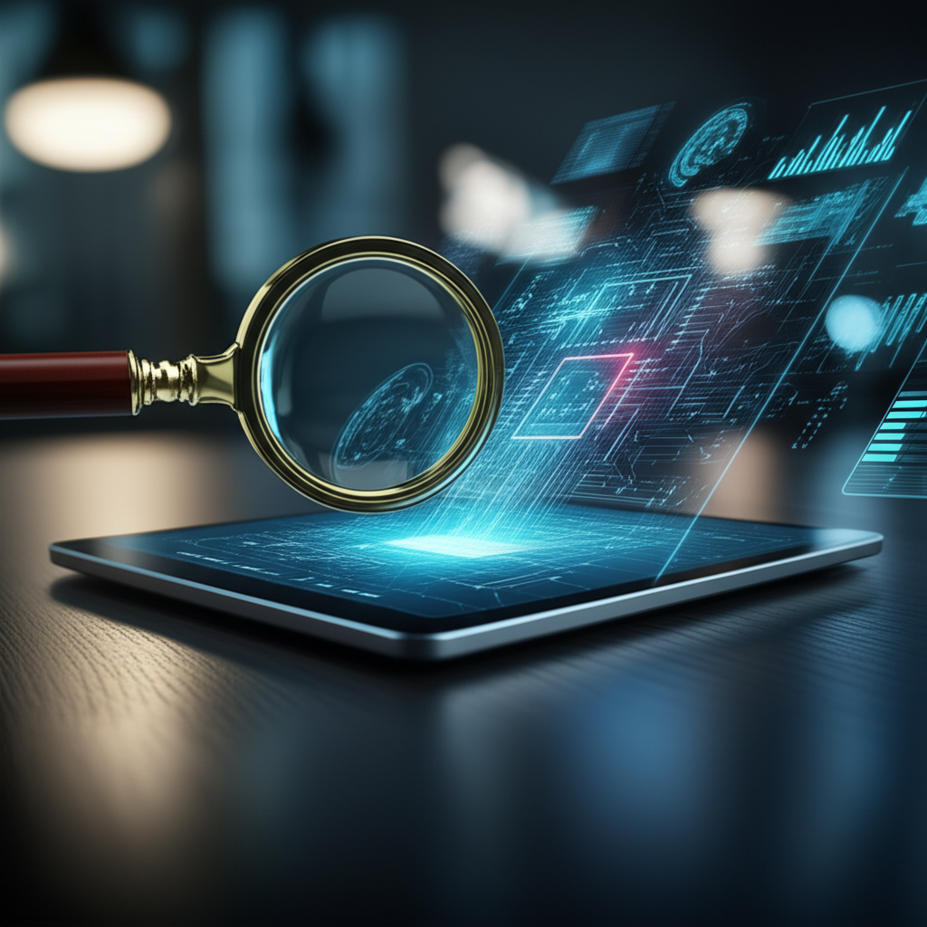 an illustration of a magnifying glass inspecting a digital blueprint symbolizing quality