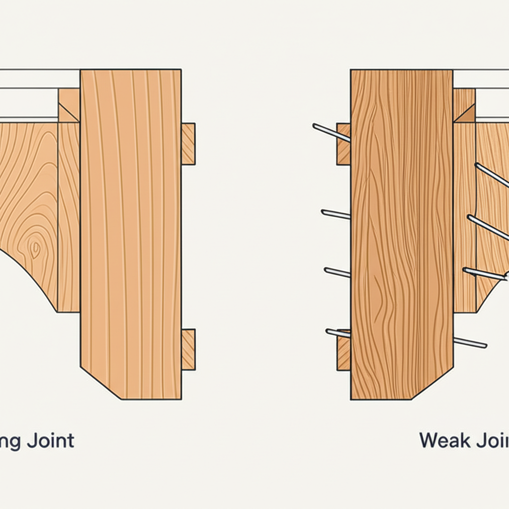 an infographic comparing strong dovetail joinery with weak staple construction in furniture