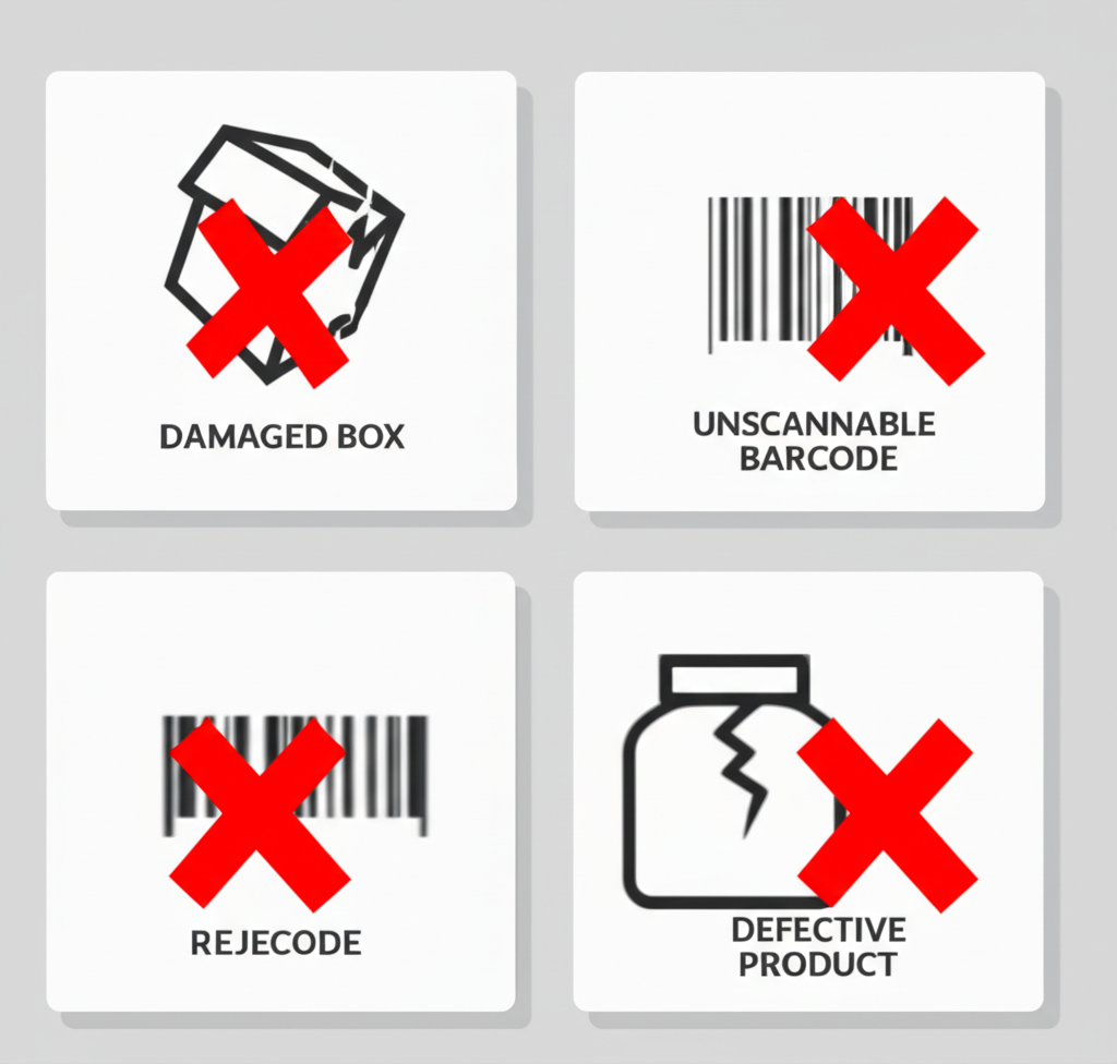 diagram showing common reasons for fba rejections packaging labeling and quality