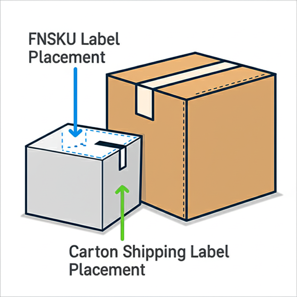 diagram showing correct fnsku and carton label placement for amazon fba
