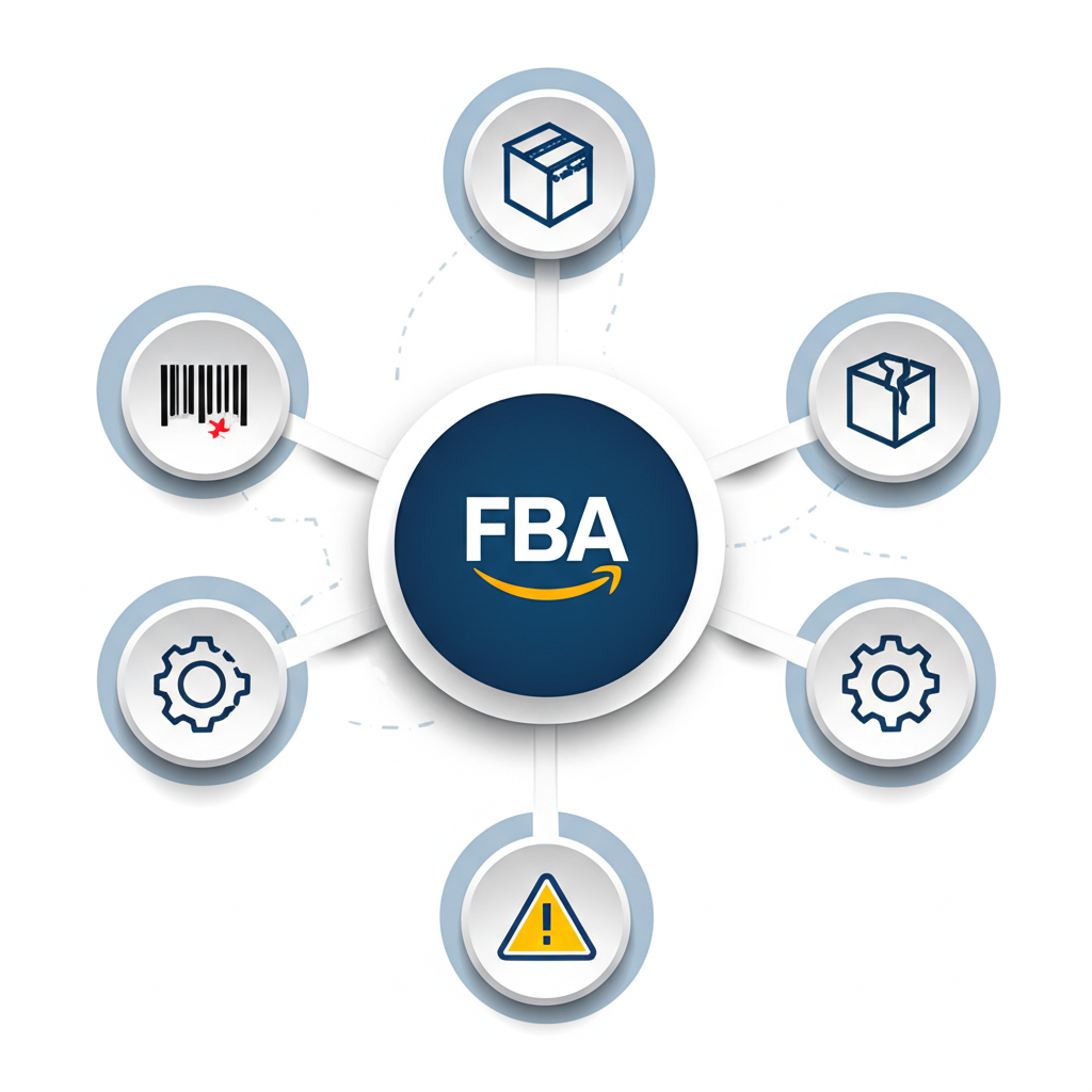 infographic showing common amazon fba compliance issues like labeling and packaging