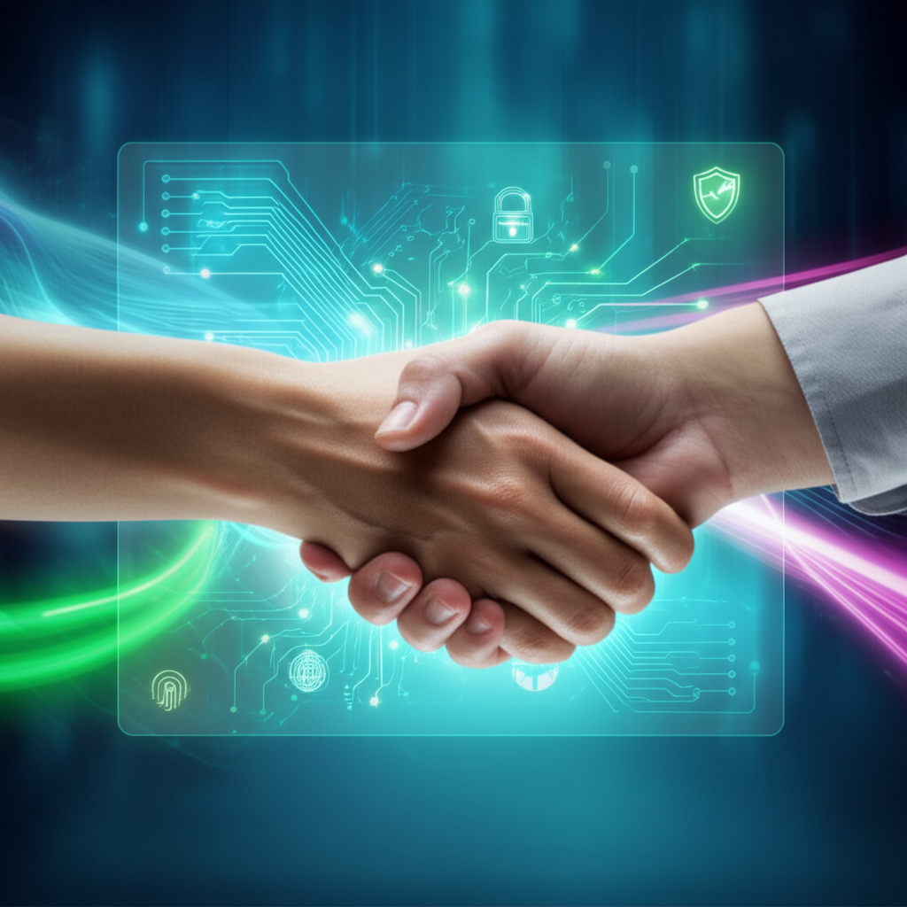 symbolic image of a secure business partnership formed through digital verification