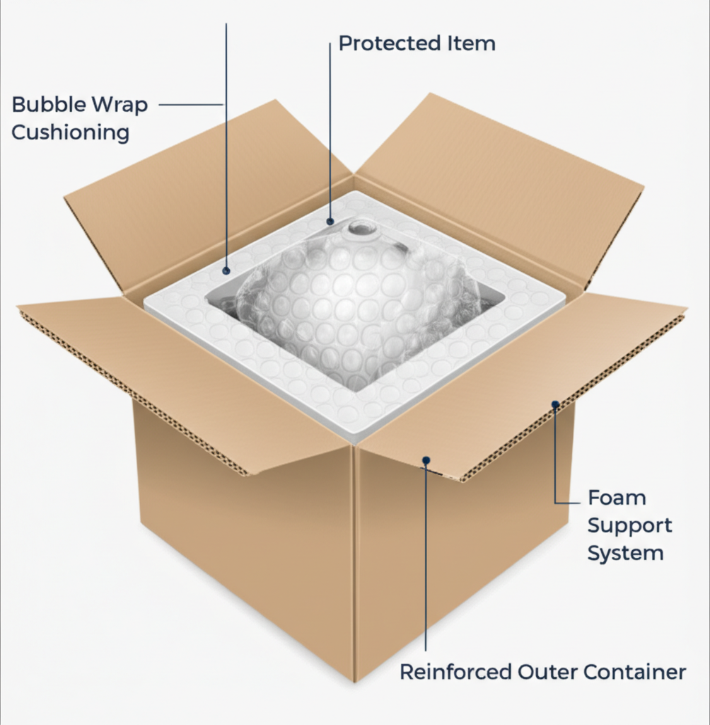 diagram illustrating the correct layers of protective packaging materials